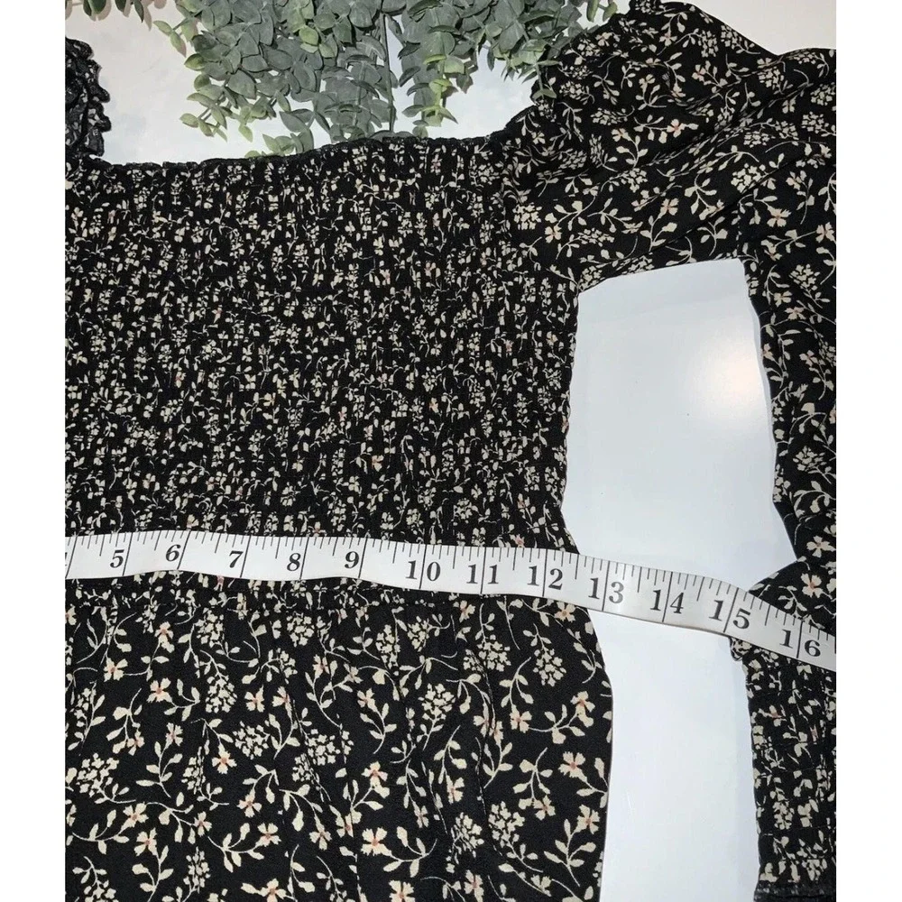 Floral Smocked Dress Womens Small Black Square Neck Long Sleeve Fit & Flare Boho